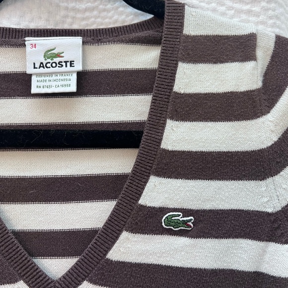 WOMENS LACOSTE BROWN AND WHITE STRIPE SWEATER SMALL 34 VNECK - Picture 2 of 3